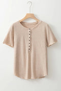 Short Sleeve Half Button Ribbed Knit Top - CELIVINE
