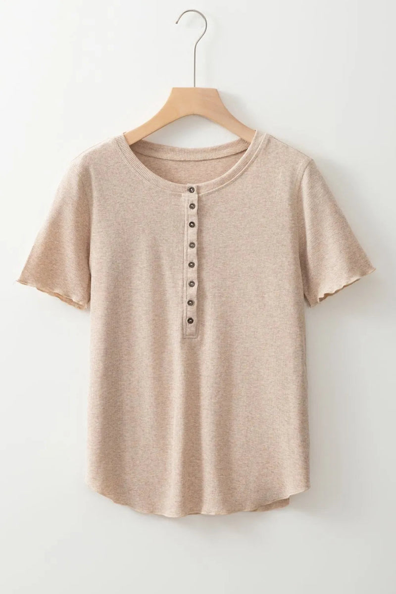 Short Sleeve Half Button Ribbed Knit Top - CELIVINE