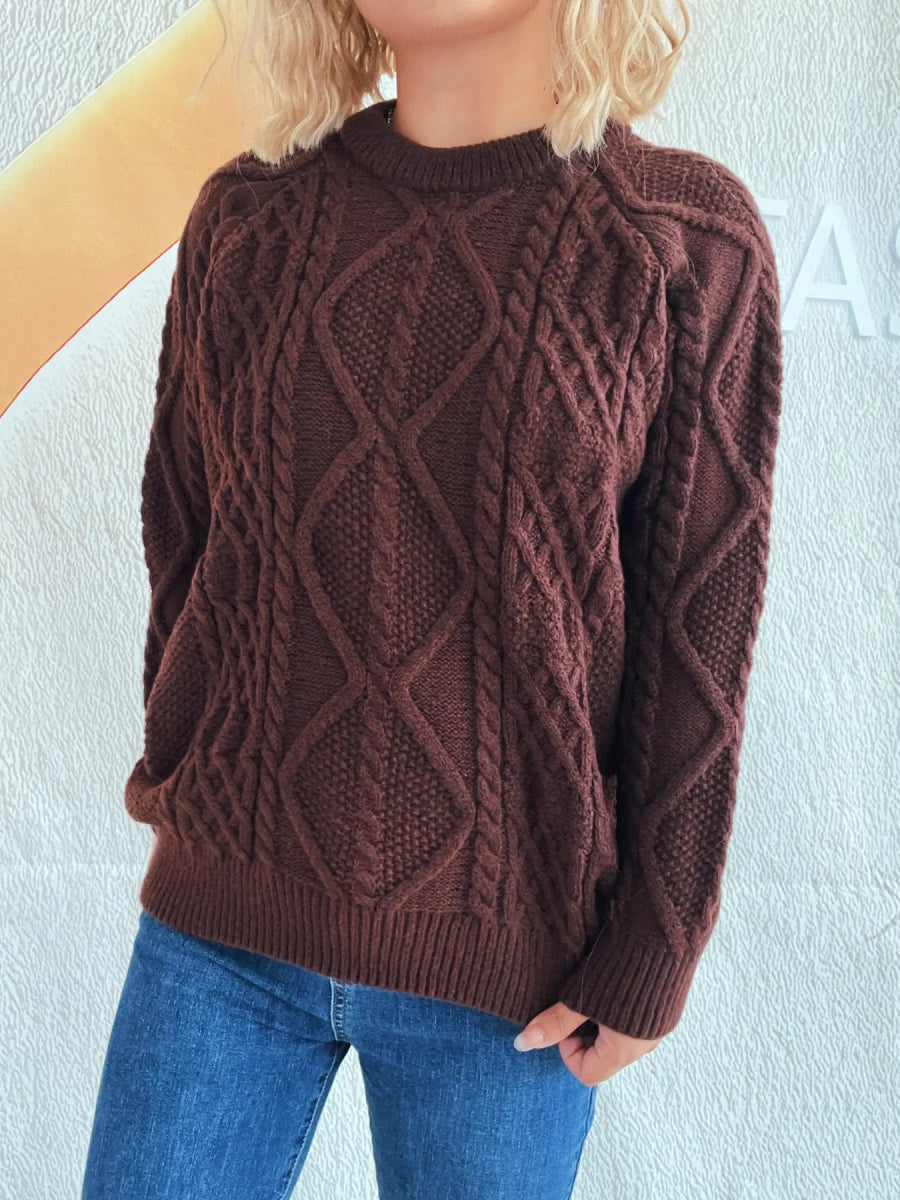 Cable Knit Long Sleeve Sweater - CELIVINE