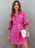 Button Front Belt Long Sleeve Corduroy Dress - CELIVINE