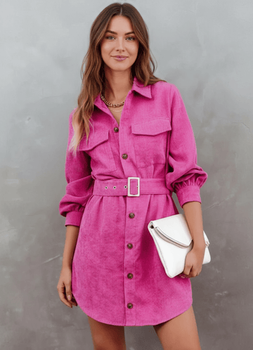 Button Front Belt Long Sleeve Corduroy Dress - CELIVINE