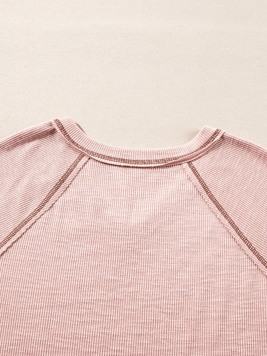 Exposed Seam Ribbed Knit V Neck Top - CELIVINE