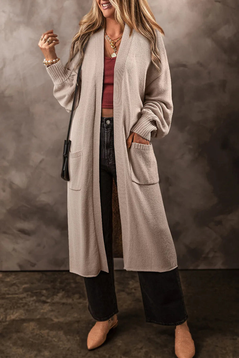 Pocketed Open Front Long Sleeve Cardigan - CELIVINE