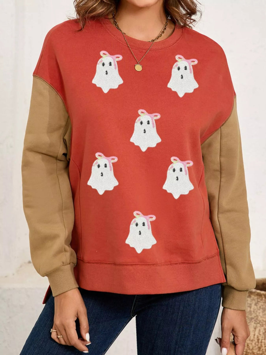 Halloween Glitter Ghost Patched Pattern Color Block Sweatshirt - CELIVINE