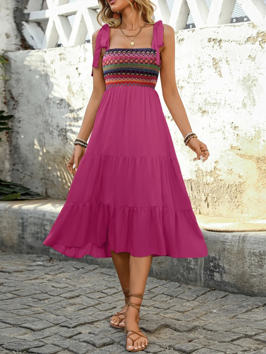 Tie Shoulder Tiered Midi Dress - CELIVINE