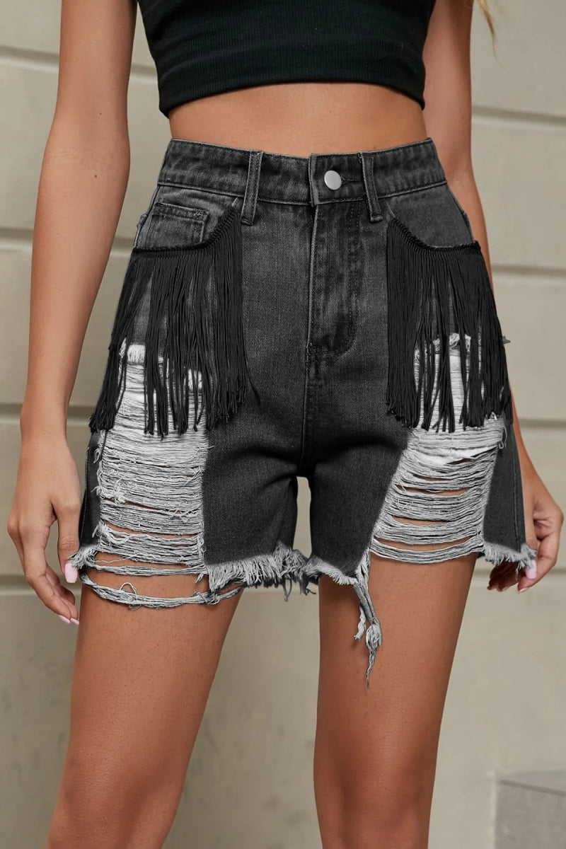 Distressed Fringe Denim Shorts - CELIVINE
