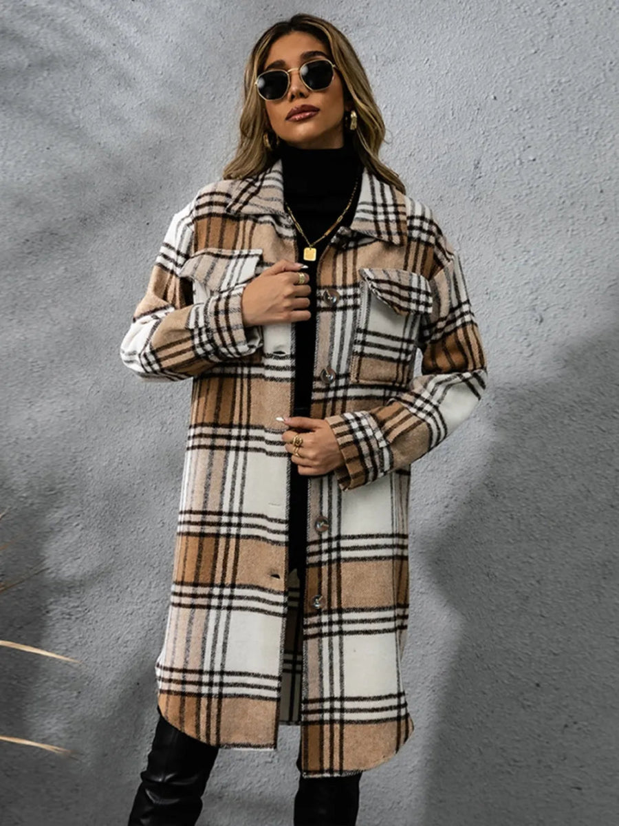 Plaid Collared Neck Long Sleeve Coat - CELIVINE
