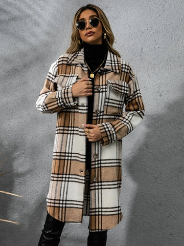 Plaid Collared Neck Long Sleeve Coat - CELIVINE
