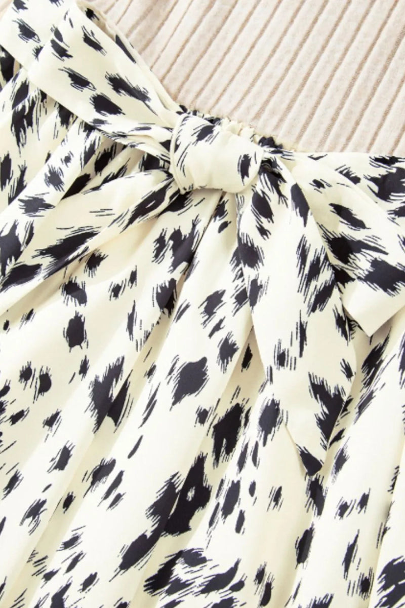 Printed Tie Waist Mock Neck Long Sleeve Dress - CELIVINE