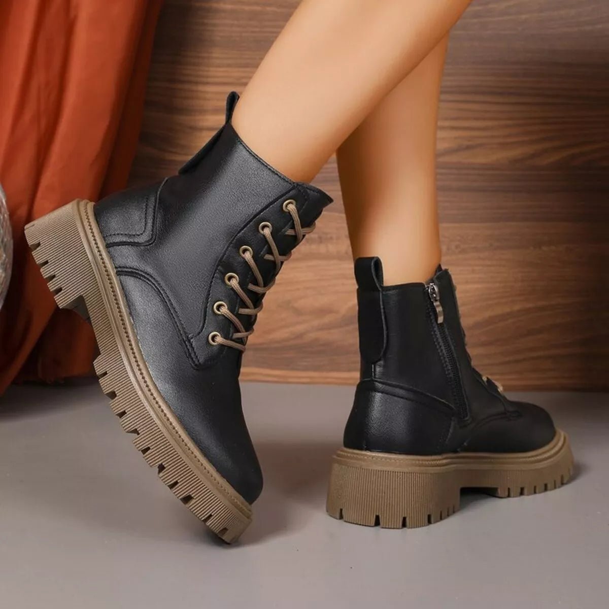 Lace Up Round Toe Boots - CELIVINE