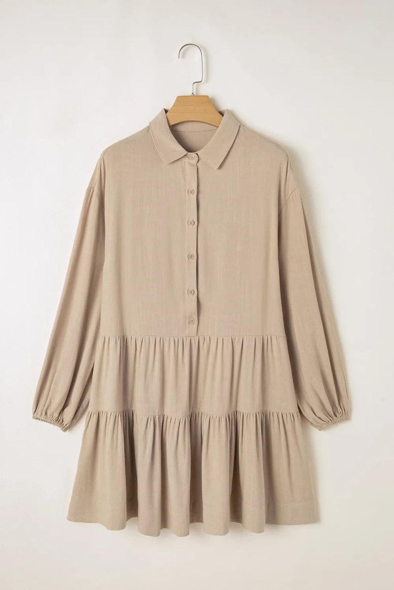 Tiered Collared Neck Balloon Sleeve Shirt Dress - CELIVINE
