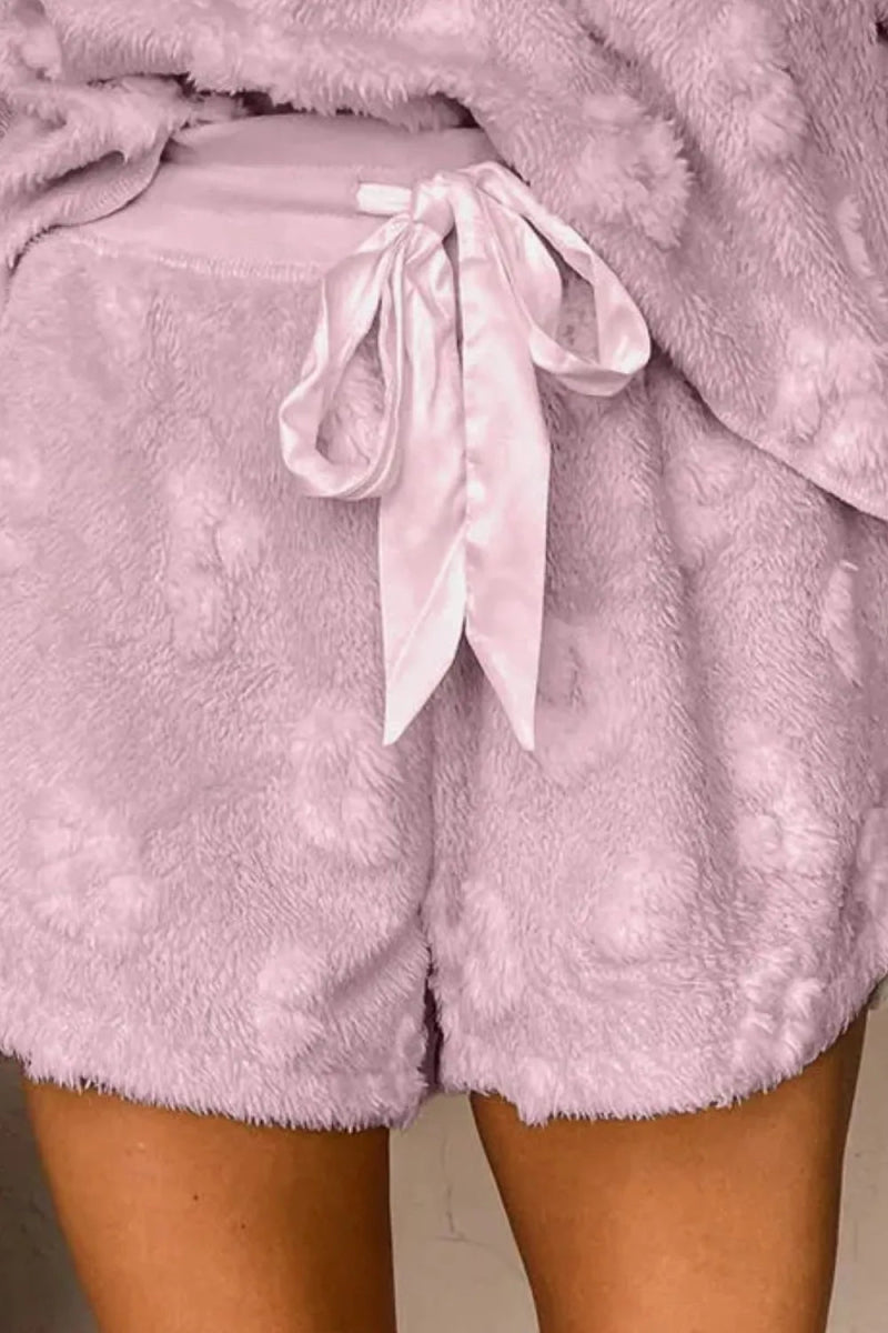 Round Neck Long Sleeve Top and Shorts Lounge Set - CELIVINE