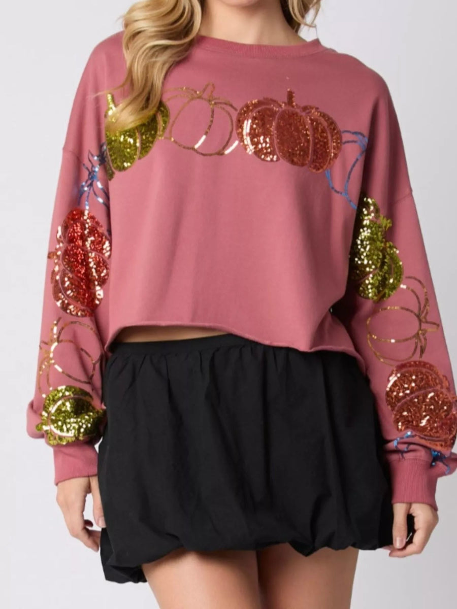 Sequined Pumpkin Halloween Crop Sweatshirt - CELIVINE