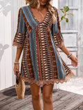 Lace Trim Printed V - Neck 3/4 Sleeve Dress - CELIVINE