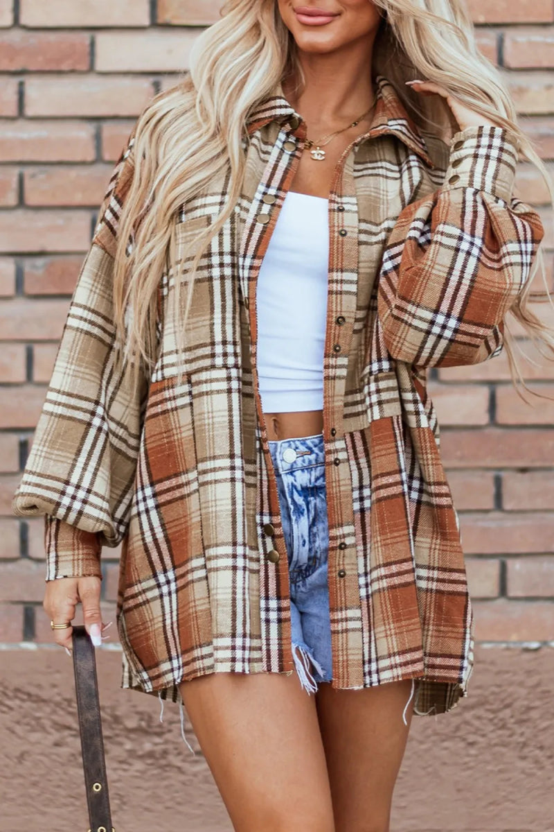 Plaid Snap Down Dropped Shoulder Shacket - CELIVINE
