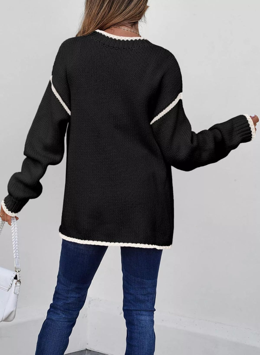Contrast Trim Long Sleeve Sweater - CELIVINE