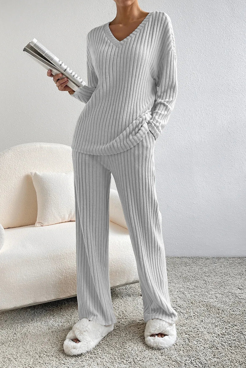 Ribbed V - Neck Top and Pants Lounge Set - CELIVINE