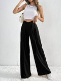V - Waisted Ruched Front Wide Leg Pants - CELIVINE
