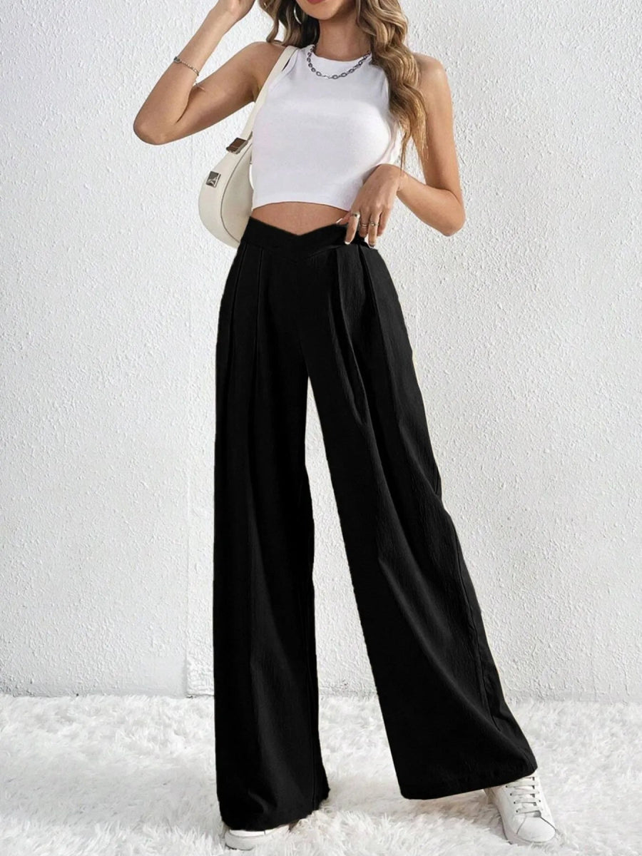 V - Waisted Ruched Front Wide Leg Pants - CELIVINE