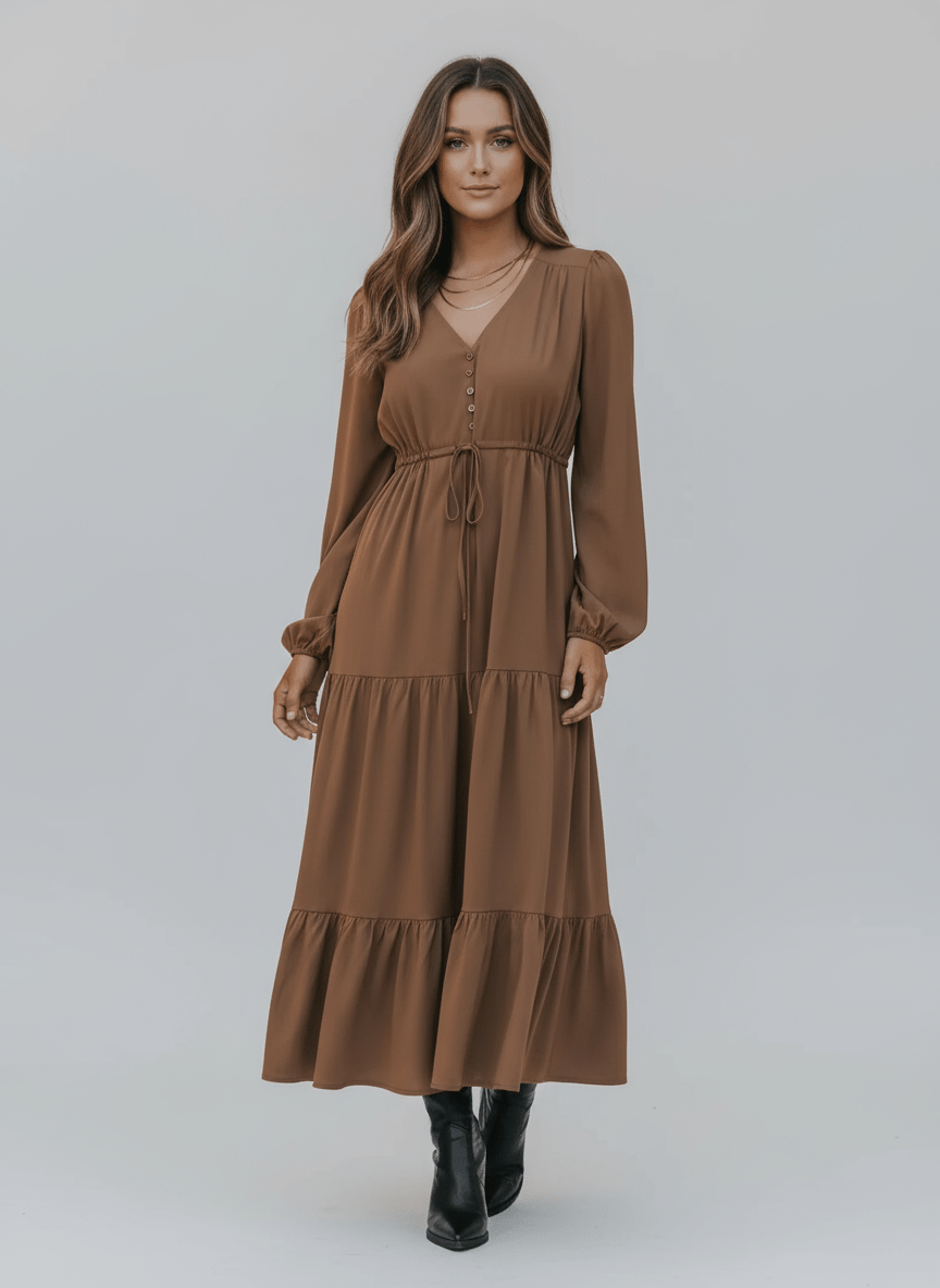 V - Neck Balloon Sleeve Tiered Dress - CELIVINE
