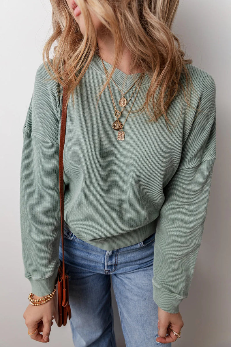 Waffle - Knit Long Sleeve Dropped Shoulder Top - CELIVINE