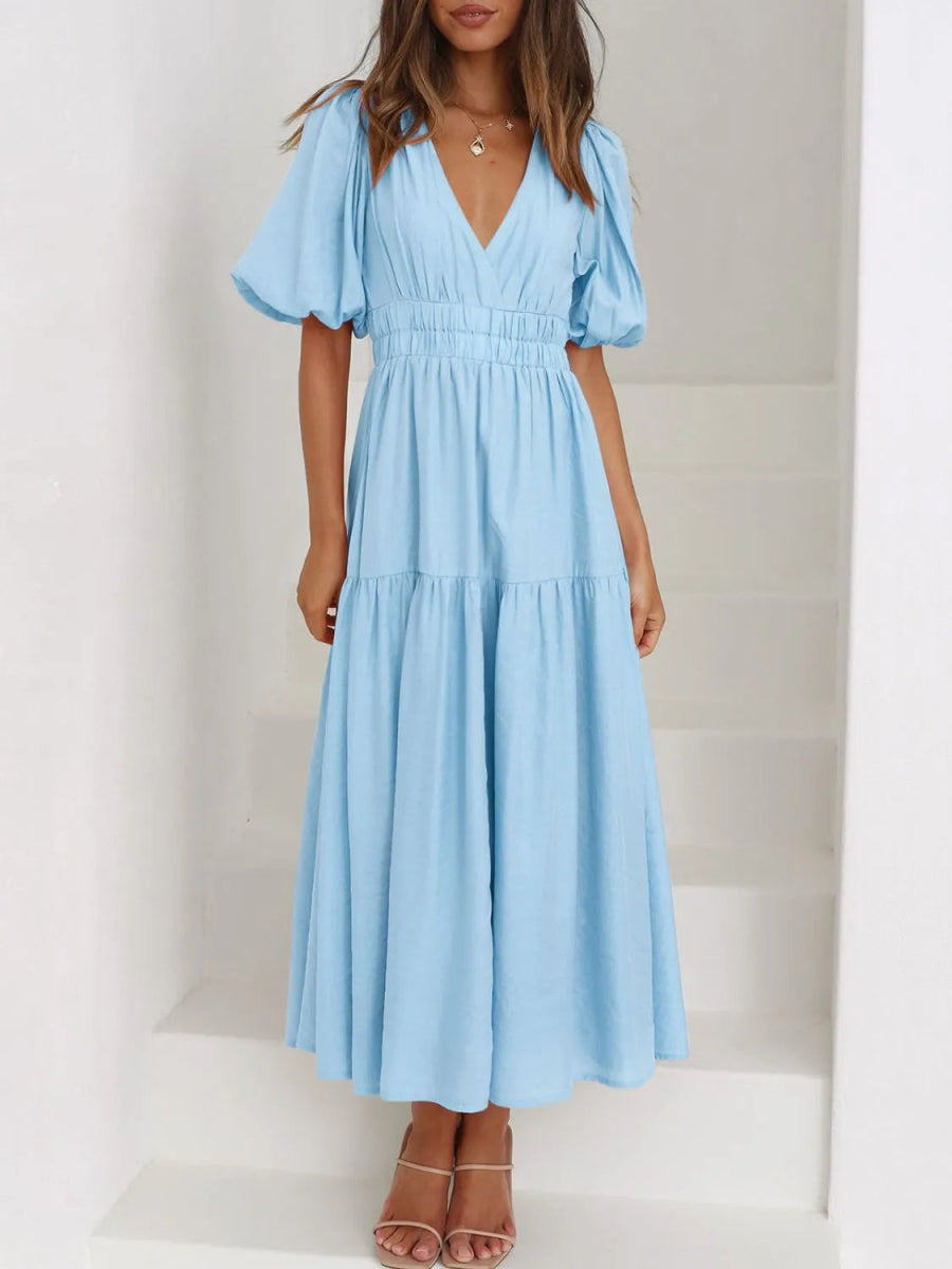 V - Neck Puff Sleeve Midi Dress - CELIVINE
