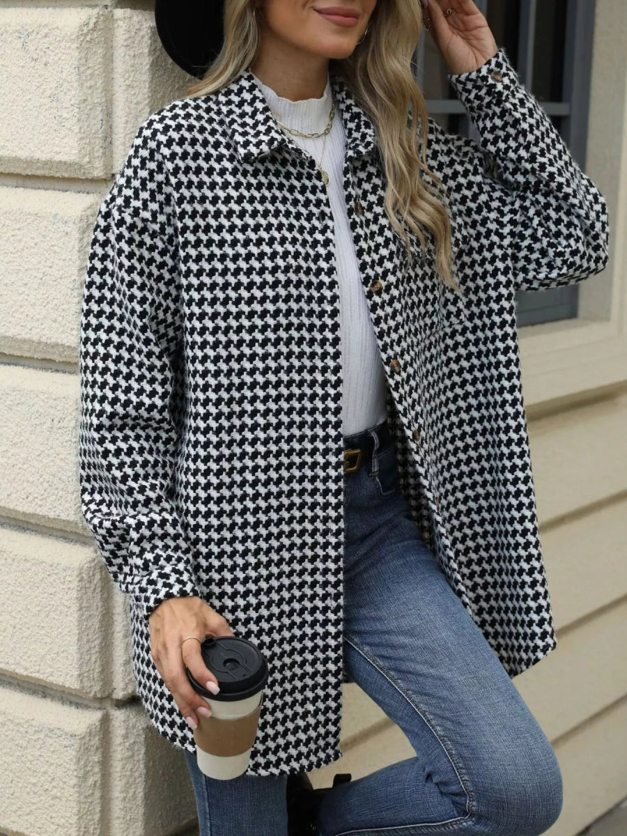 Houndstooth Button Up Long Sleeve Coat - CELIVINE