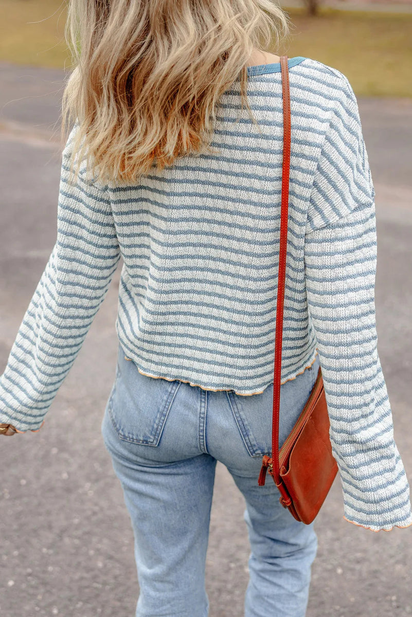 Striped Round Neck Dropped Shoulder Long Sleeve Top - CELIVINE