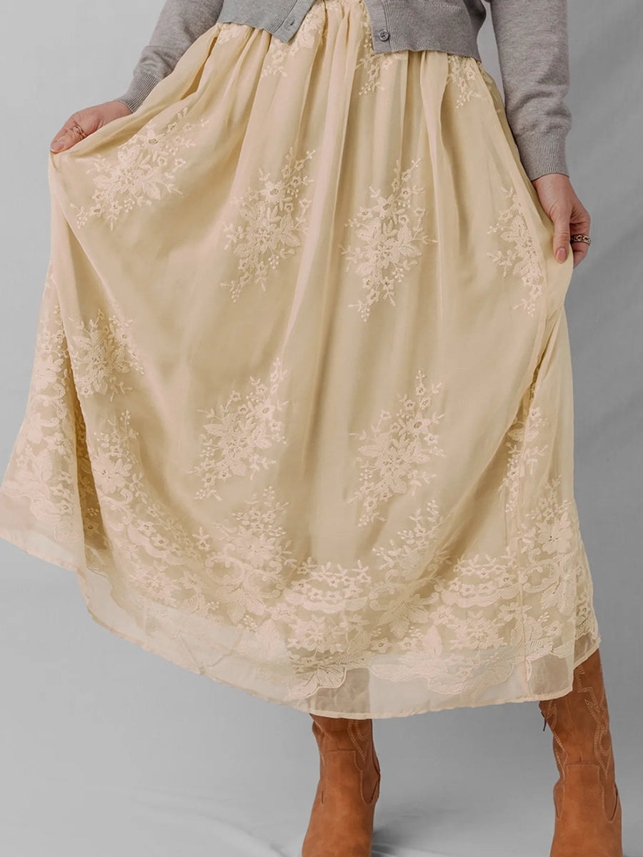 Embroidered Mesh Overlay Flowy Midi Skirt - CELIVINE