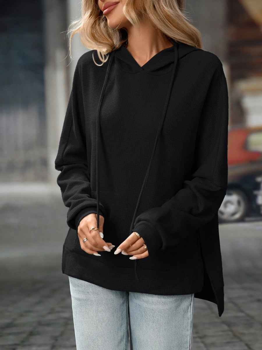 Textured Drawstring Long Sleeve Hoodie - CELIVINE