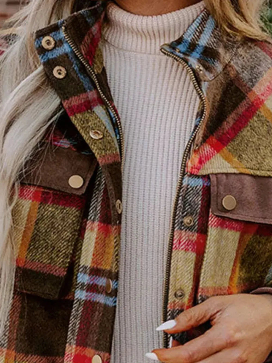 Pocketed Plaid Long Sleeve Jacket - CELIVINE