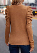 Decorative Button Round Neck Puff Sleeve Blouse - CELIVINE