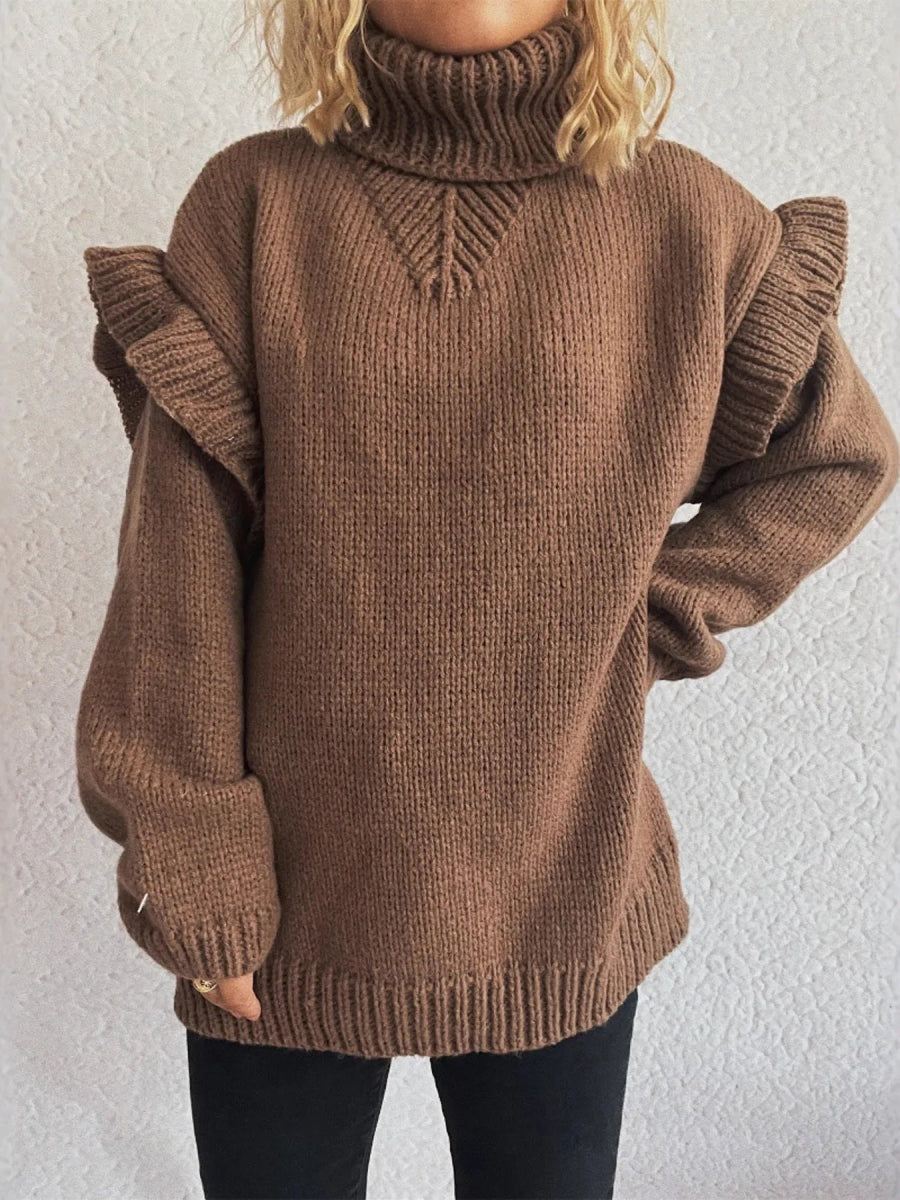 Ruffled Turtleneck Long Sleeve Sweater - CELIVINE