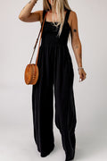 Smocked Square Neck Wide Leg Jumpsuit with Pockets - CELIVINE