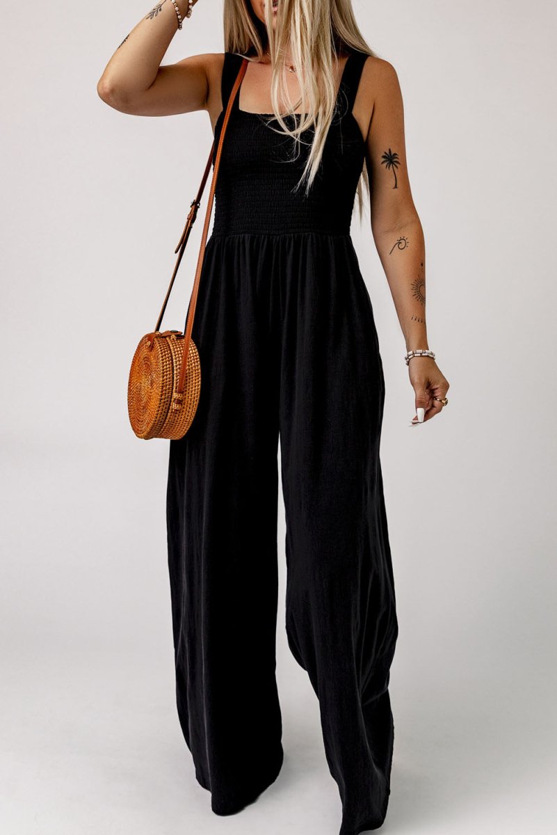 Smocked Square Neck Wide Leg Jumpsuit with Pockets - CELIVINE