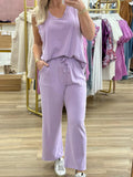 Mineral Wash Casual Round Neck Tank and Loose Drawstring Pants Set - CELIVINE