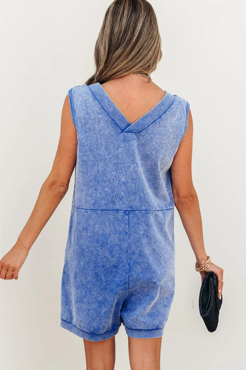 Mineral Wash Pocketed Sleeveless V Neck Loose Romper - CELIVINE