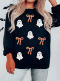 Halloween Ghost Bow Sequin Patched Drop Shoulder Sweatshirt - CELIVINE