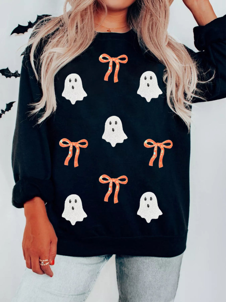 Halloween Ghost Bow Sequin Patched Drop Shoulder Sweatshirt - CELIVINE