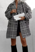 Houndstooth Collared Neck Long Sleeve Coat with Pockets - CELIVINE