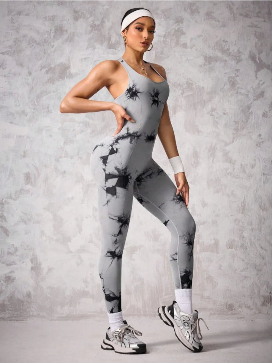 Back Crisscross Tie - Dye Scoop Neck Active Jumpsuit - CELIVINE