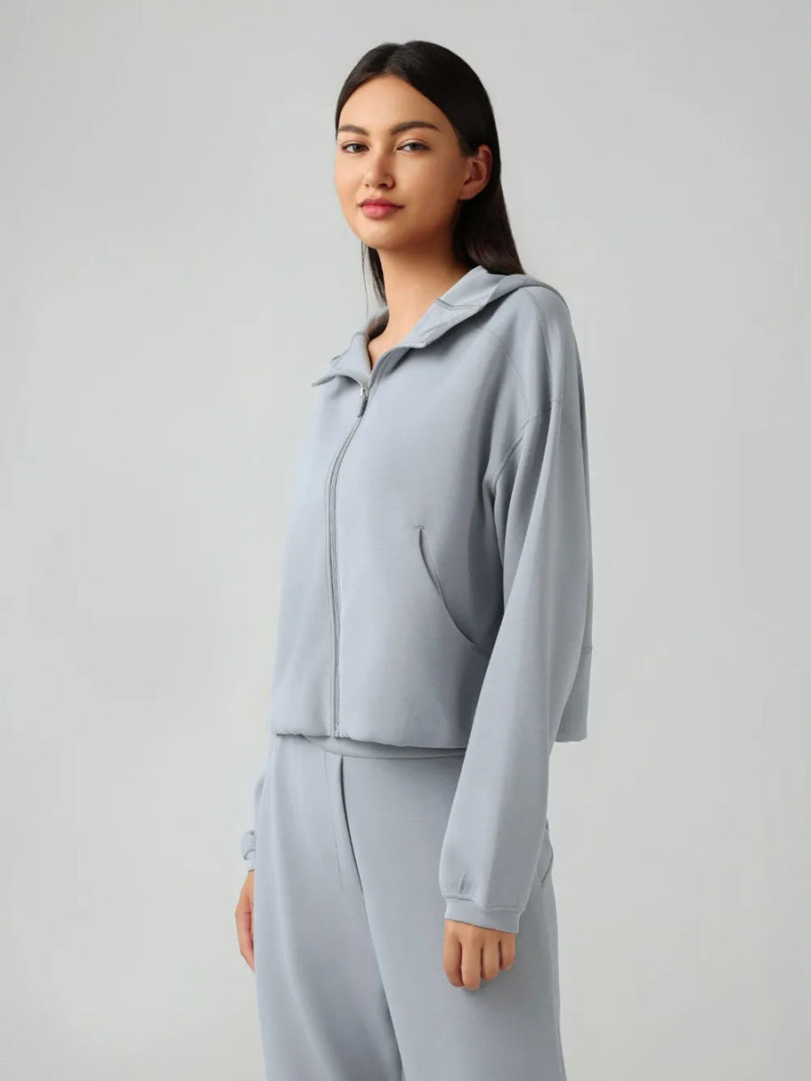 Zip Up Dropped Shouder Active Hooded - CELIVINE