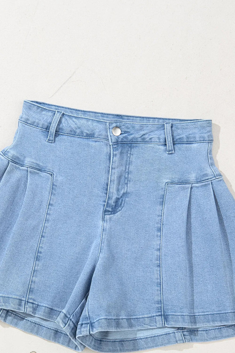 Pleated Patchwork Panel Lightweight Denim Shorts - CELIVINE