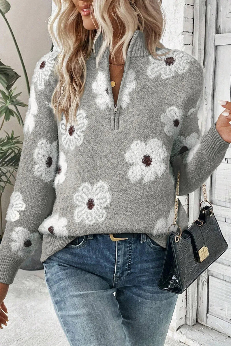 Flower Half Zip Long Sleeve Sweater - CELIVINE