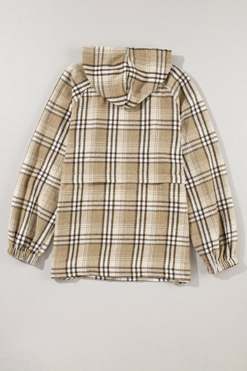 Drawstring Plaid Half Zip Raglan Sleeve Hoodie - CELIVINE