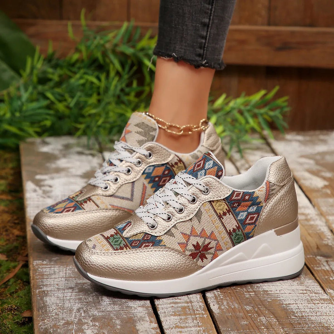 Geometric Lace Up Wedge Sneakers - CELIVINE