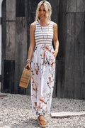 Striped Floral Round Neck Sleeveless Maxi Dress - CELIVINE
