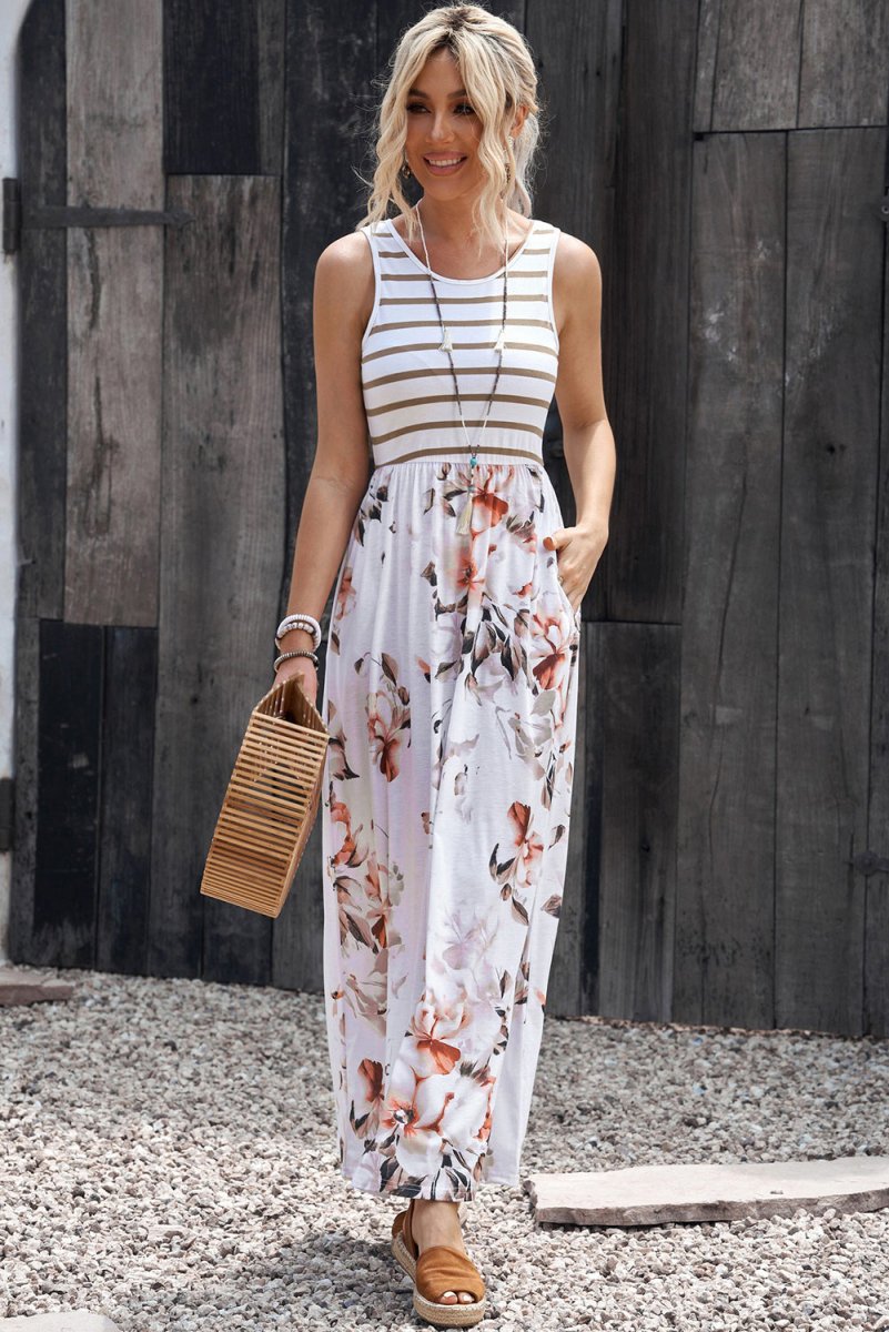 Striped Floral Round Neck Sleeveless Maxi Dress - CELIVINE