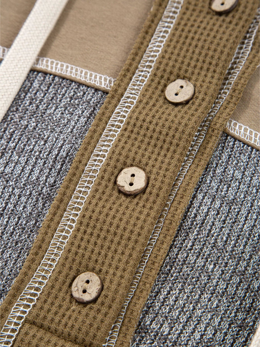 Mixed Texture Patchwork Exposed Seam Half Button Hoodie - CELIVINE