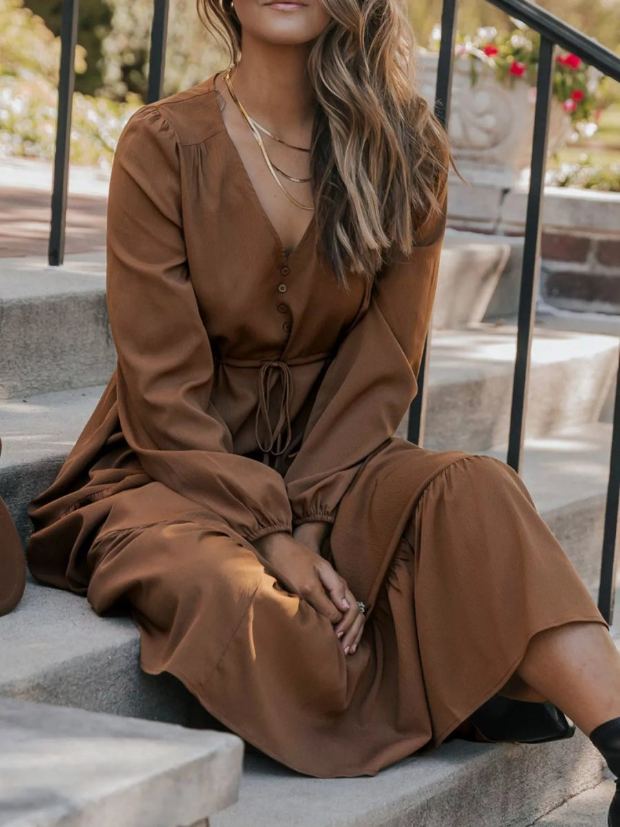 V - Neck Balloon Sleeve Tiered Dress - CELIVINE